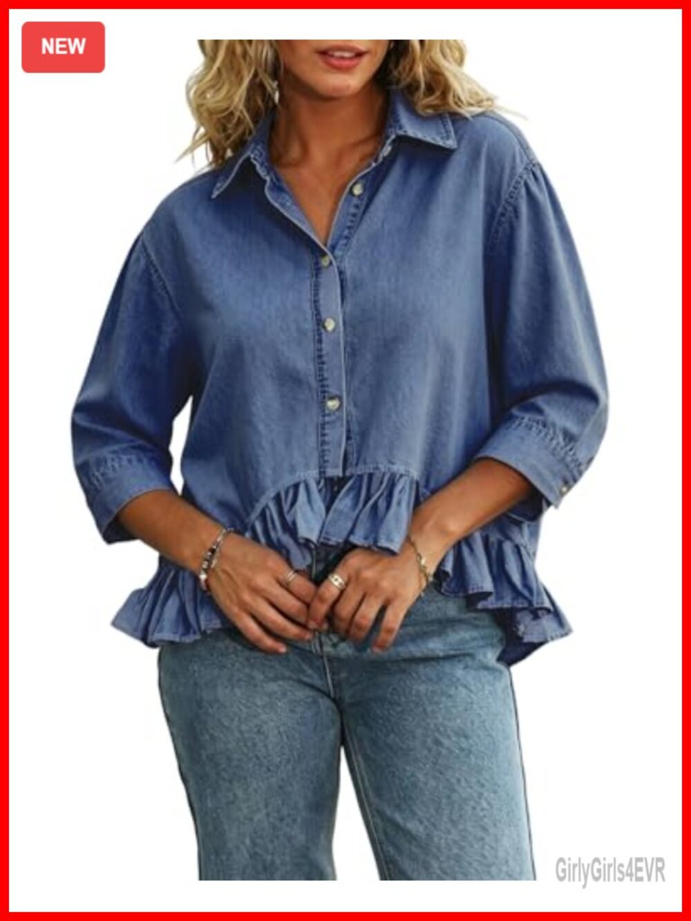 ebossy Women's 3/4 Sleeve Button Down Denim Shirt Ruffle Hem Shacket